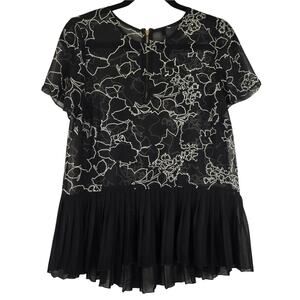 M Kensie Black Floral Pleated Top White Peplum Sheer Short Sleeve Hi Low Office